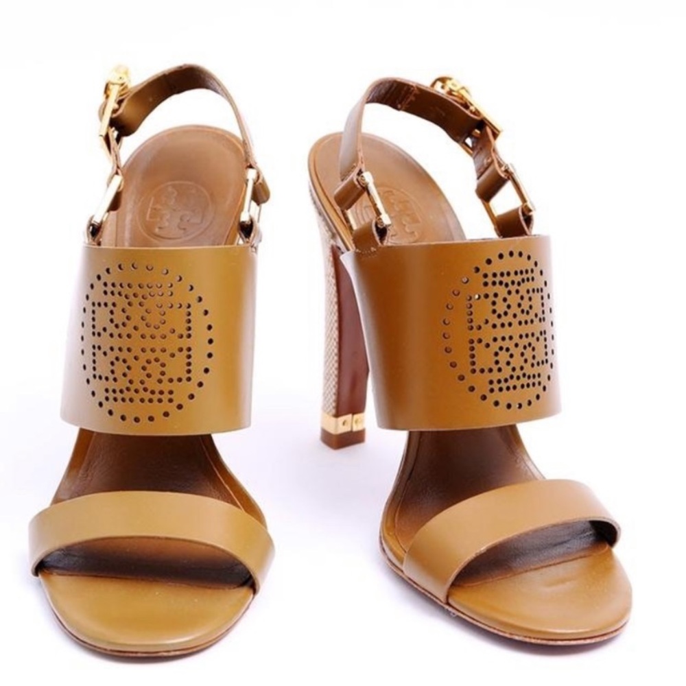 Tory Burch Tan Leather High Heel Sandals with Gold Accents